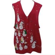 Christmas Sweater Vest Red Knit Snowman Embroidered Beaded Button Front Vintage
