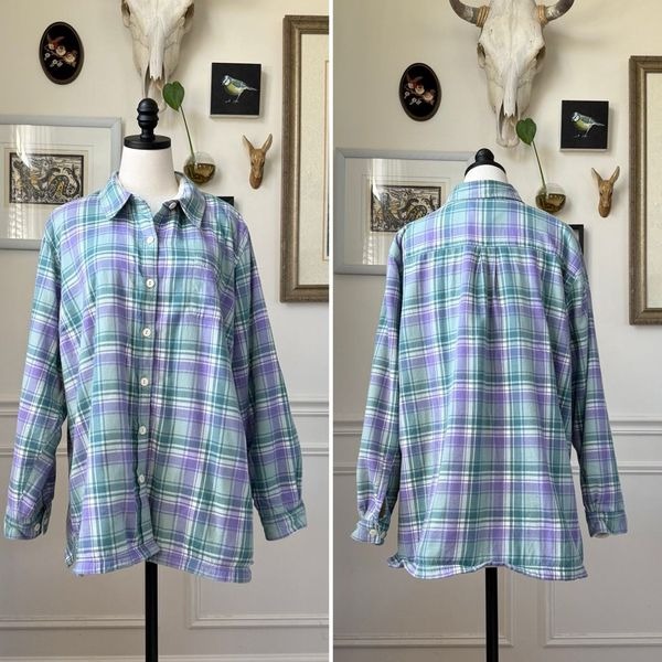 L.L. Bean Women's Fleece-Lined Flannel Shirt Button Up Sage Lavender Plaid 90 2