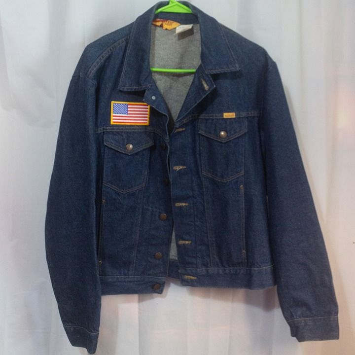 Rustler Denim Jacket Men's Large with Harley Davidson and American Flag Patches