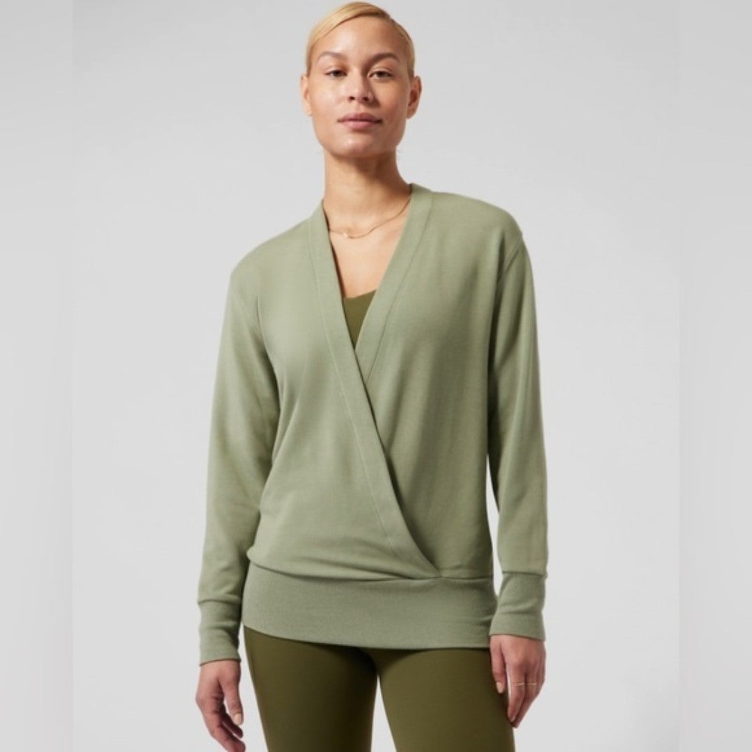 Athleta Purana V-Neck Wrap Sweatshirt Eucalyptus Olive Green Sz Medium NWT