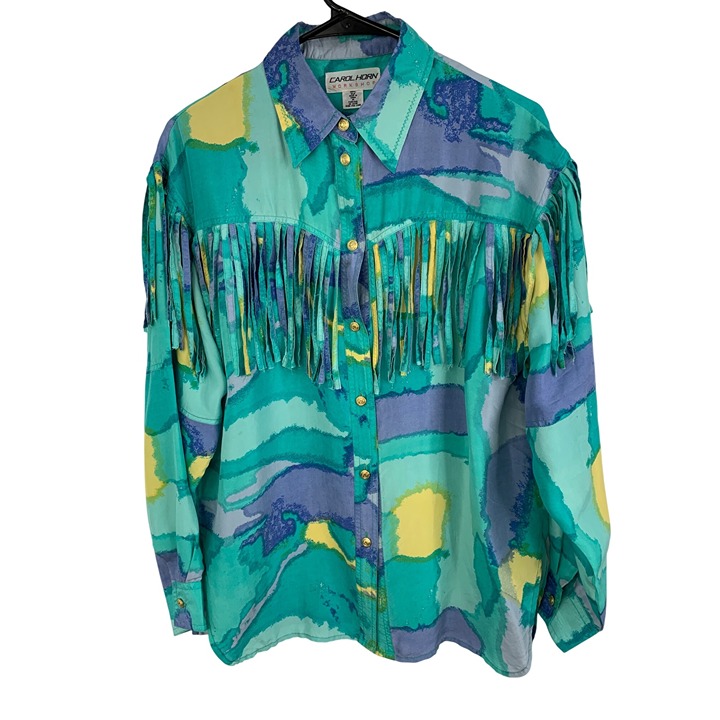 VTG 90s Carol Horn M Fringe Silk Shirt Western Abstract Long Sleeve 8352 Blue