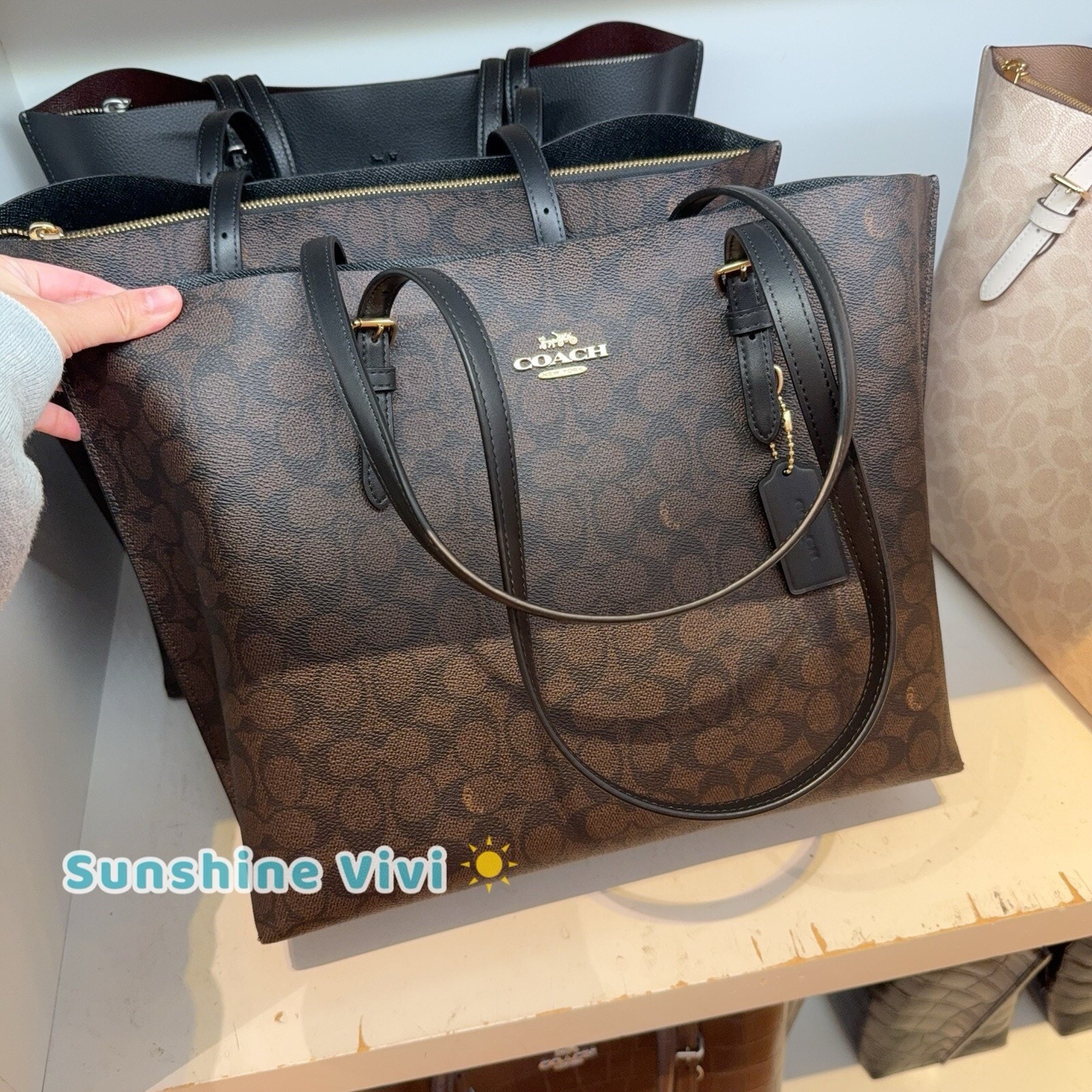 NWT COACH Mollie Tote Large In Signature Canvas CV967 Gold/Walnut/Black