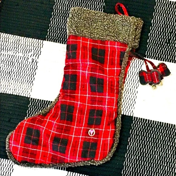 Flannel DOG Christmas stocking plaid - pets animals flannel — bone - bells red