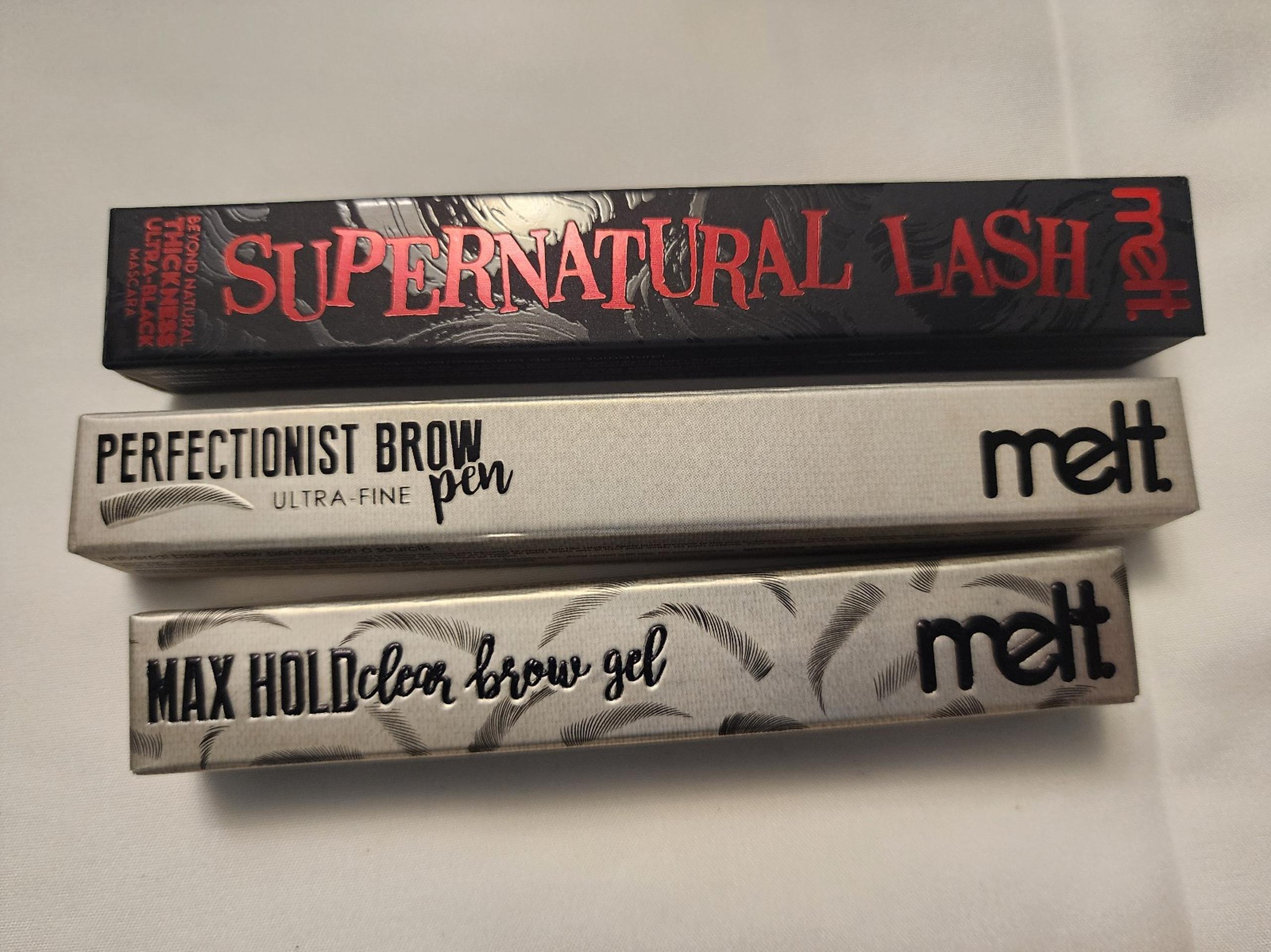 Melt Supernatural Lash, Brow pen, and Max Hold Clear Brow Gel Bundle (3).
