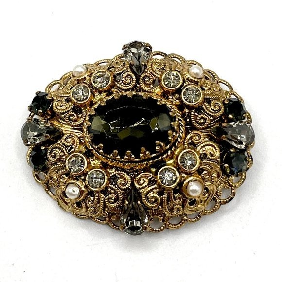 Mid-20th Century Gold Filigree Smoky Crystal Pearls W. Germany Vintage Brooch