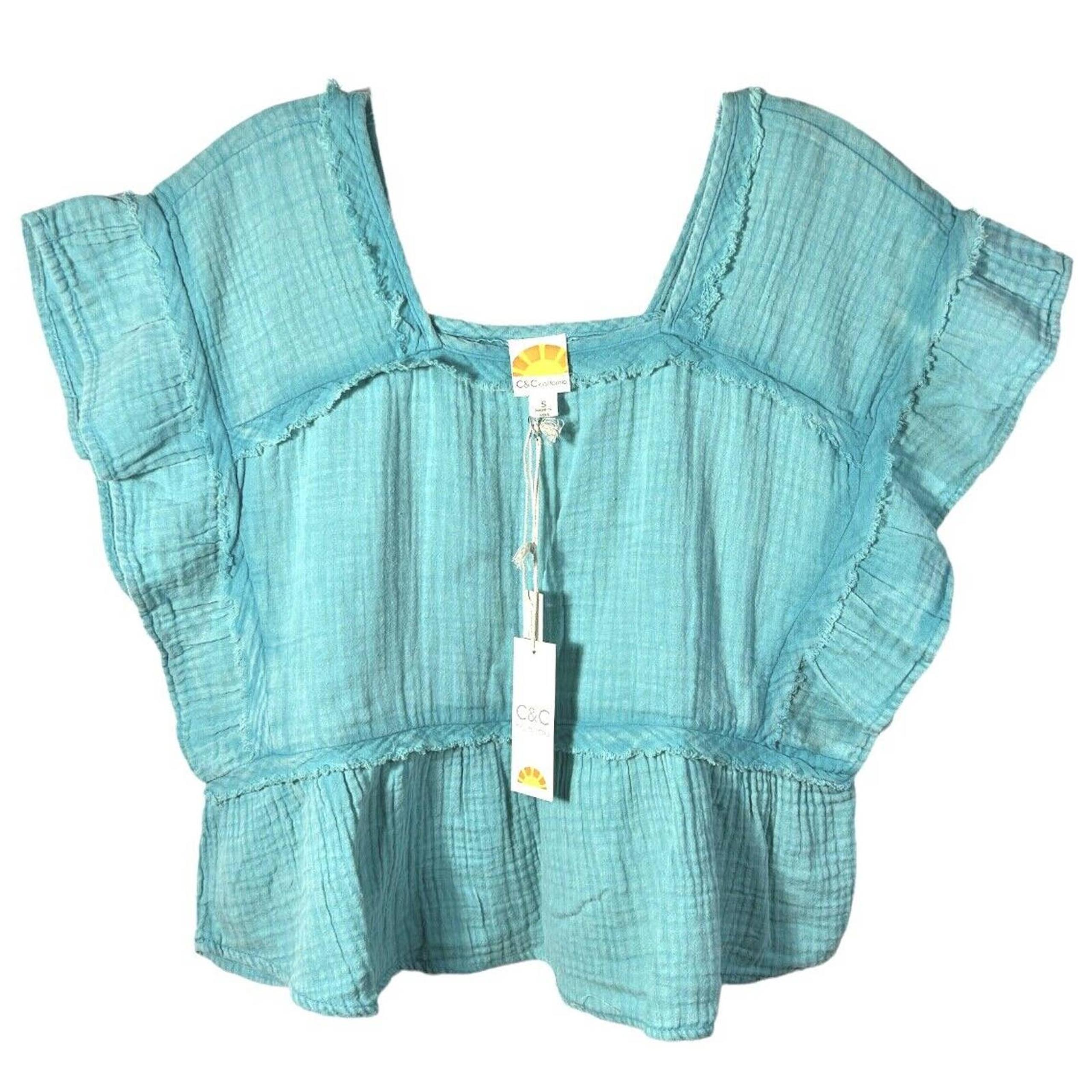 C&C California Womens Blouse Top - Short Ruffle Sleeves 100% Cotton XS BLUE