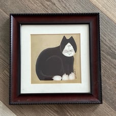 FIDDLESTIX SIGNED CUSTUM FRAMED FOLK ART CAT PICTURE WALL ART