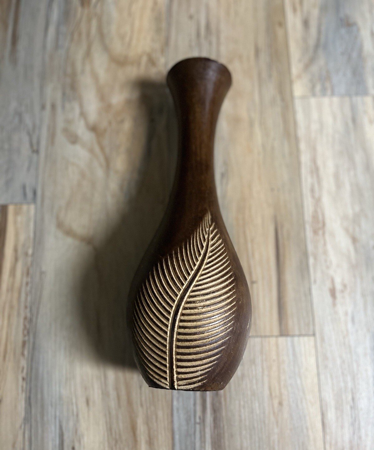 Vintage Brown Wood Vase - Hand Carved Leaf - 15 TALL