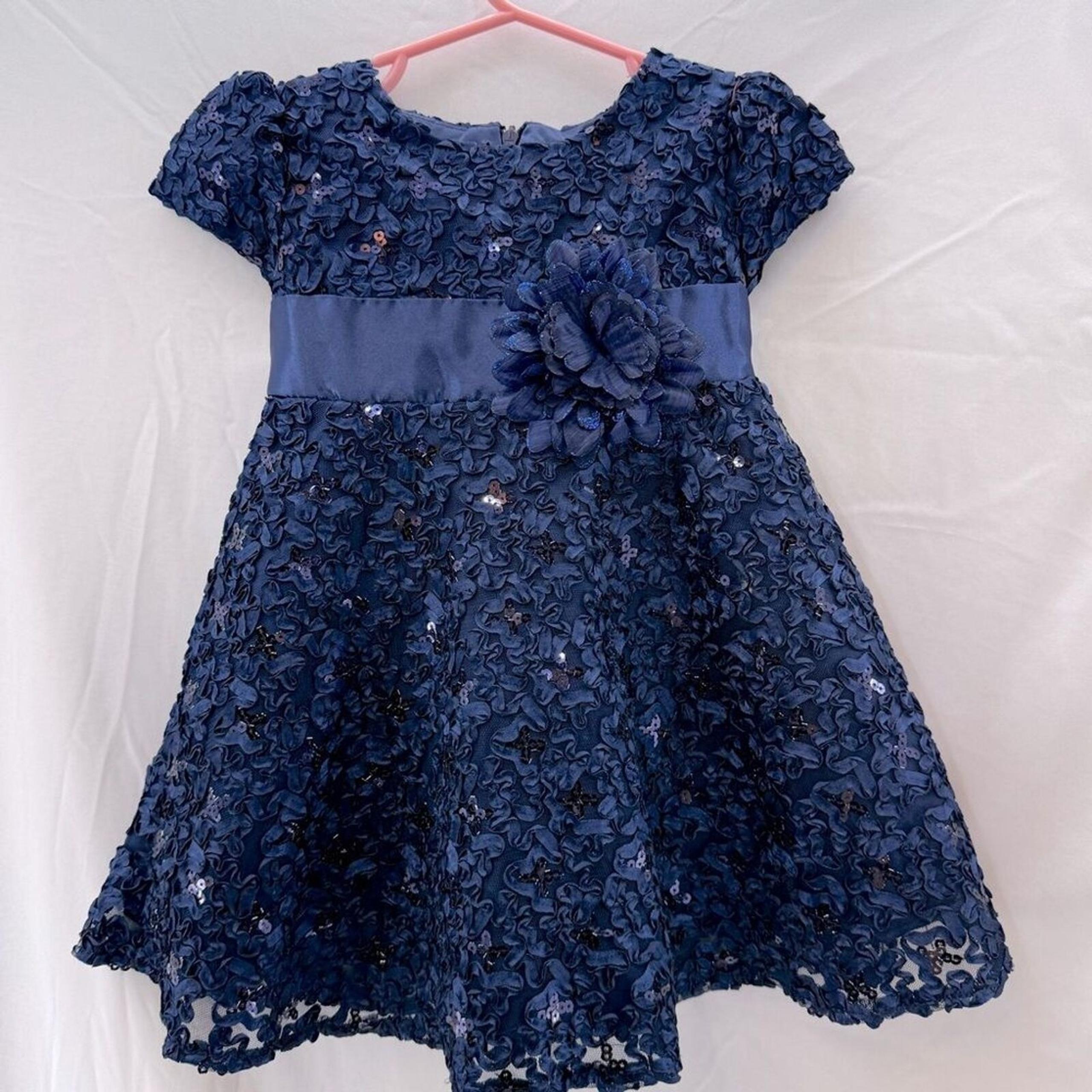 Dorissa Sequined Navy Dress 12Month Baby Girl Textured Floral Formal Party Twirl