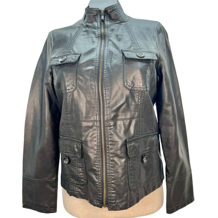 Kelly by Clinton Kelly Medium Black Zip Vegan Leather Jacket Coat #2894