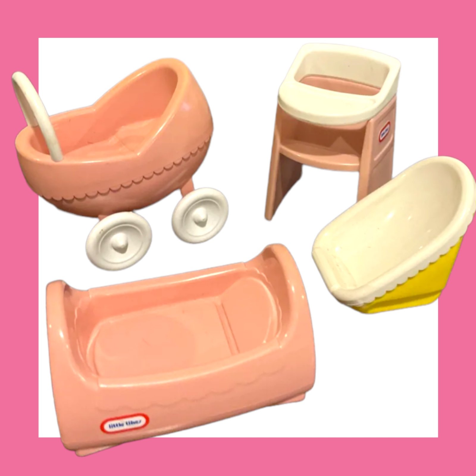 Vintage Little Tikes Dollhouse , Nursery Cradle, Stroller BABY HIGH chair
