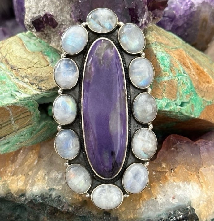 Charoite moonstone super long sterling silver southwestern statement ring