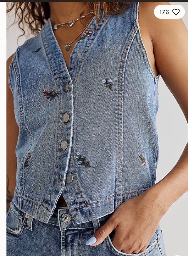 Free People Denim Jacket Vest Driftwood Embroidered X