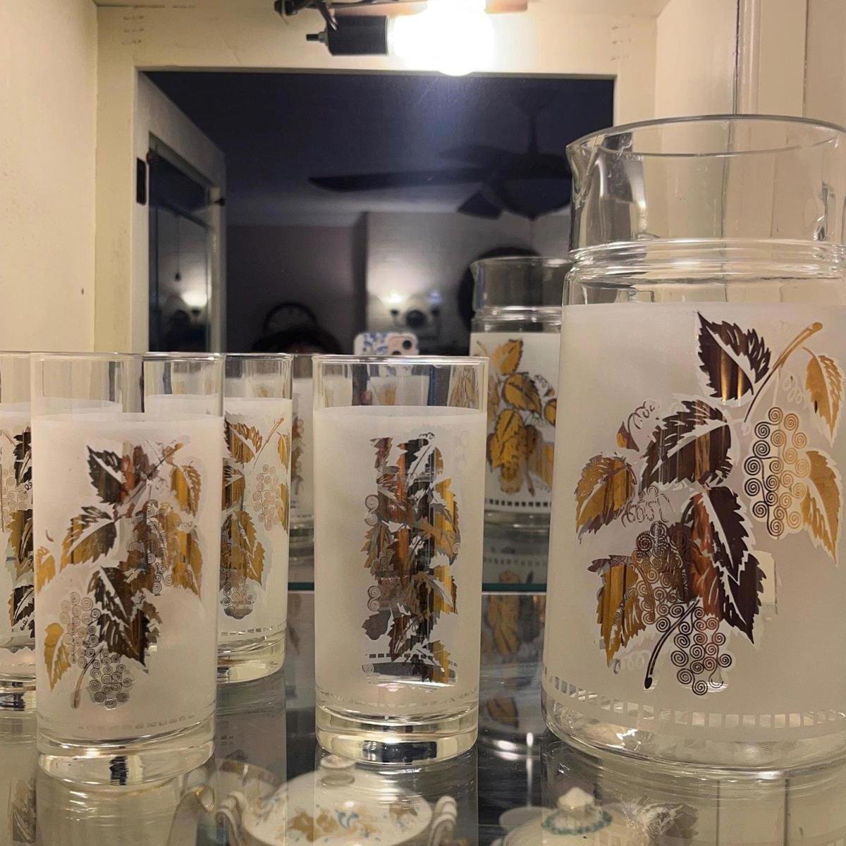 MCM Gold Leaf Glass Pitcher and Four Glasses