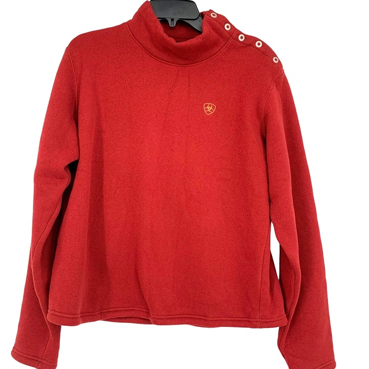 Ariat L Mens Red Fleece Mock Turtle Neck Snap Button Long Sleeve Sweater