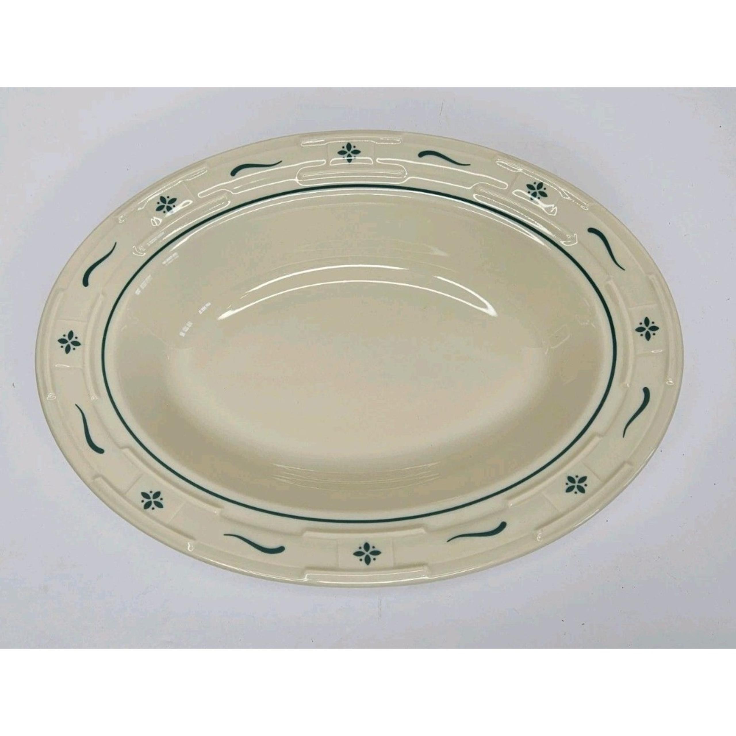 Longaberger Pottery Woven Traditions  Beige/Green Oval Serving Bowl 11” x 8.25"