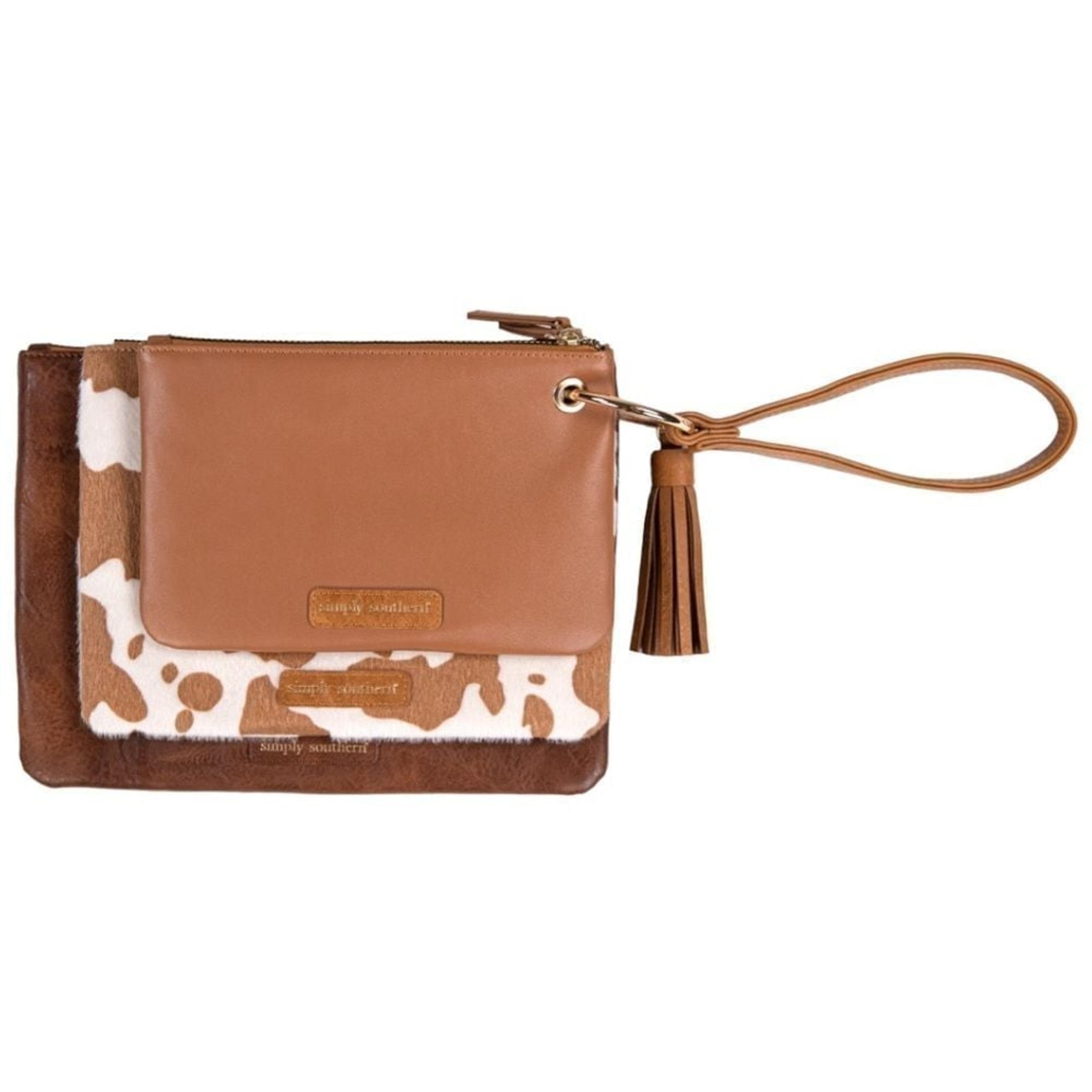 NWT Simply Southern Womens Cow Print 3 in 1 Clutch Wallet Leather Set Brown/Tan