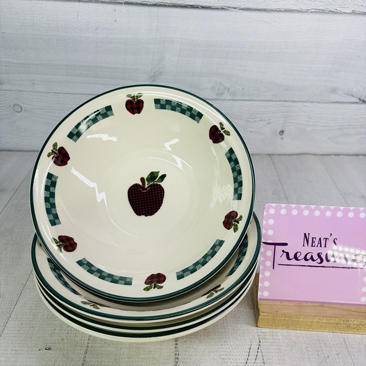 International China APPLEJACK Gingham Apples Stoneware Soup Cereal Bowls Set 4