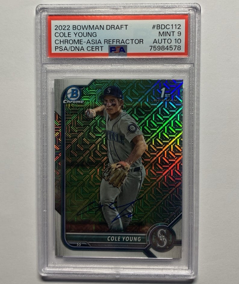 Cole Young 2022 Topps Bowman Draft 1st Chrome Asia Refractor RC Auto PSA 9 POP 1