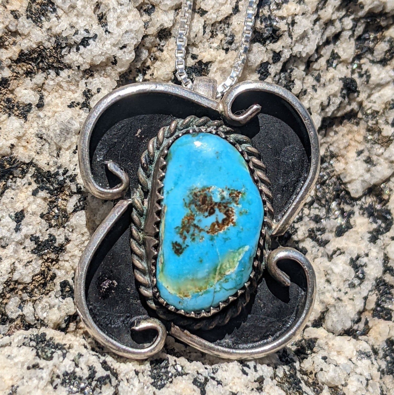 Vintage Large Pilot Mountain Turquoise and Sterling Silver Pendant Necklace