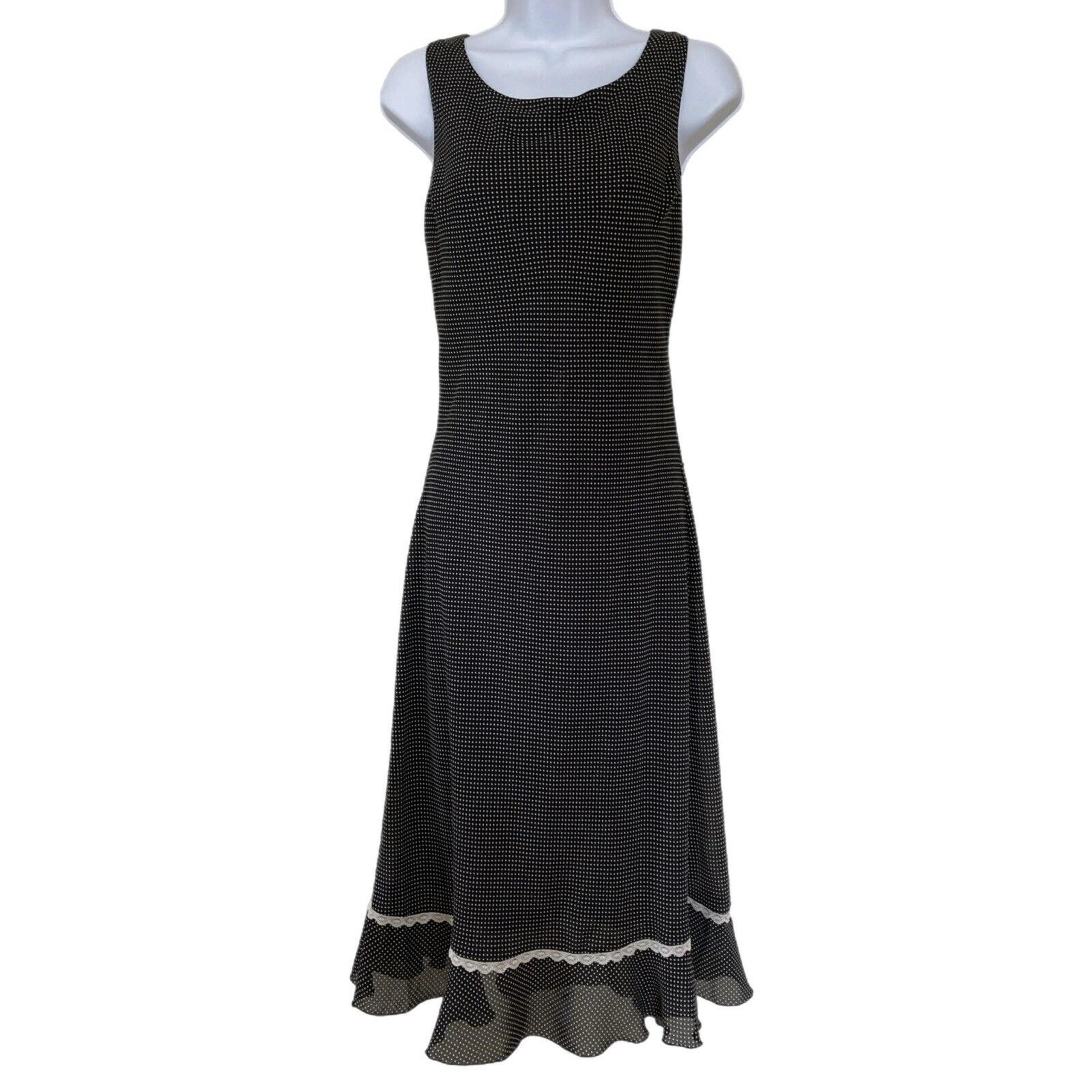Vintage 90s Y2k Dress Sheer Overlay Black Goth Polka Dot Lace Trim Size S/M