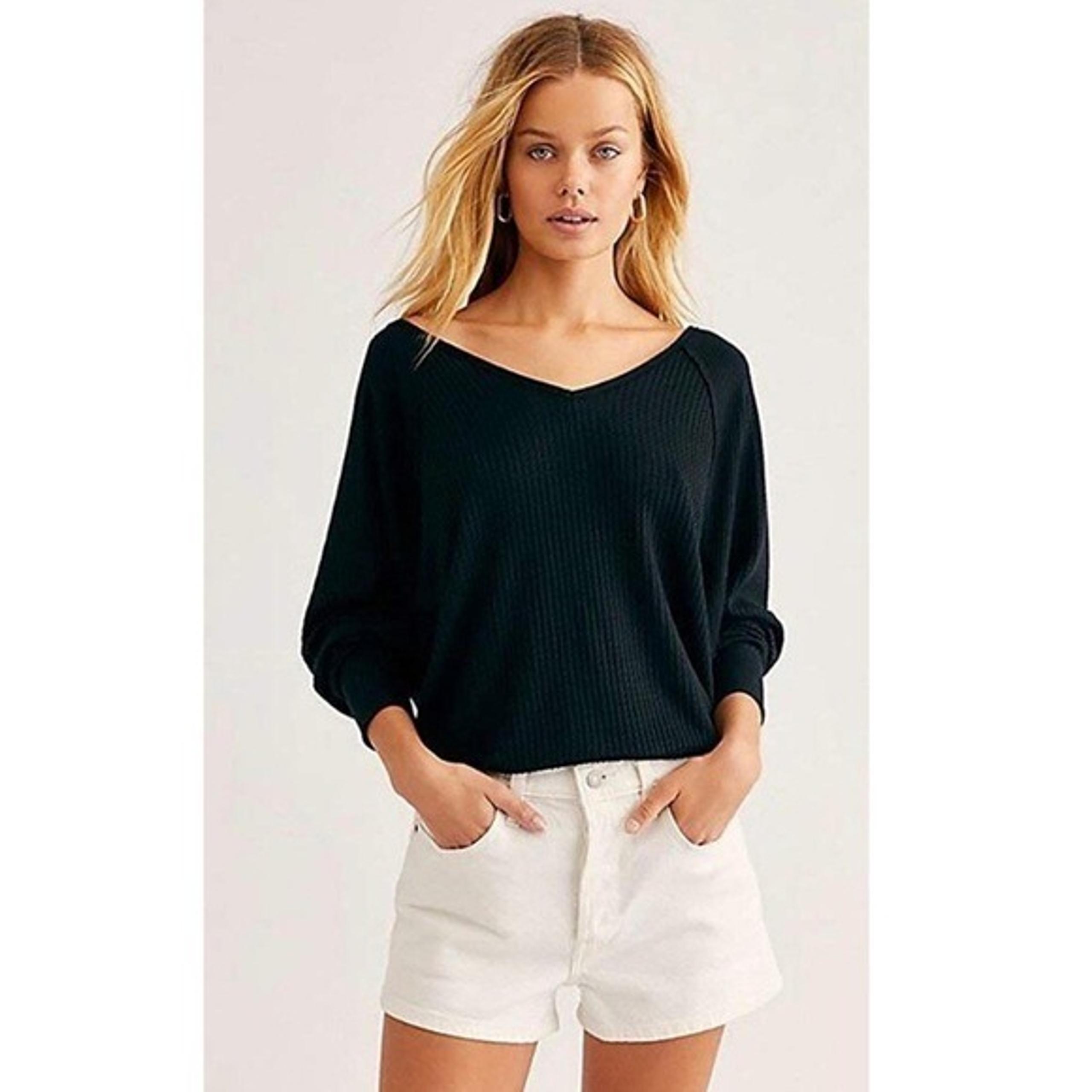 Free People We the Free Santa Clara Oversized Slouchy Waffle Knit Top Black XS