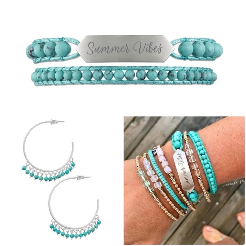 Turquoise/Silver Beaded Summer Vibes Bracelet + Wanderlust Fringe Earrings Set
