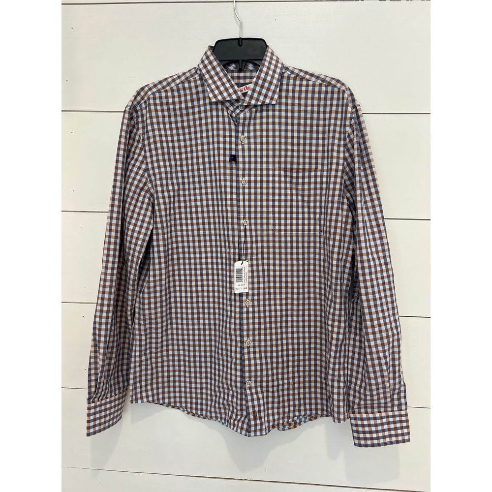 NWT Johnnie-O Hangin Out Brown Blue Checkered Havana L/S Button Down Sz Medium