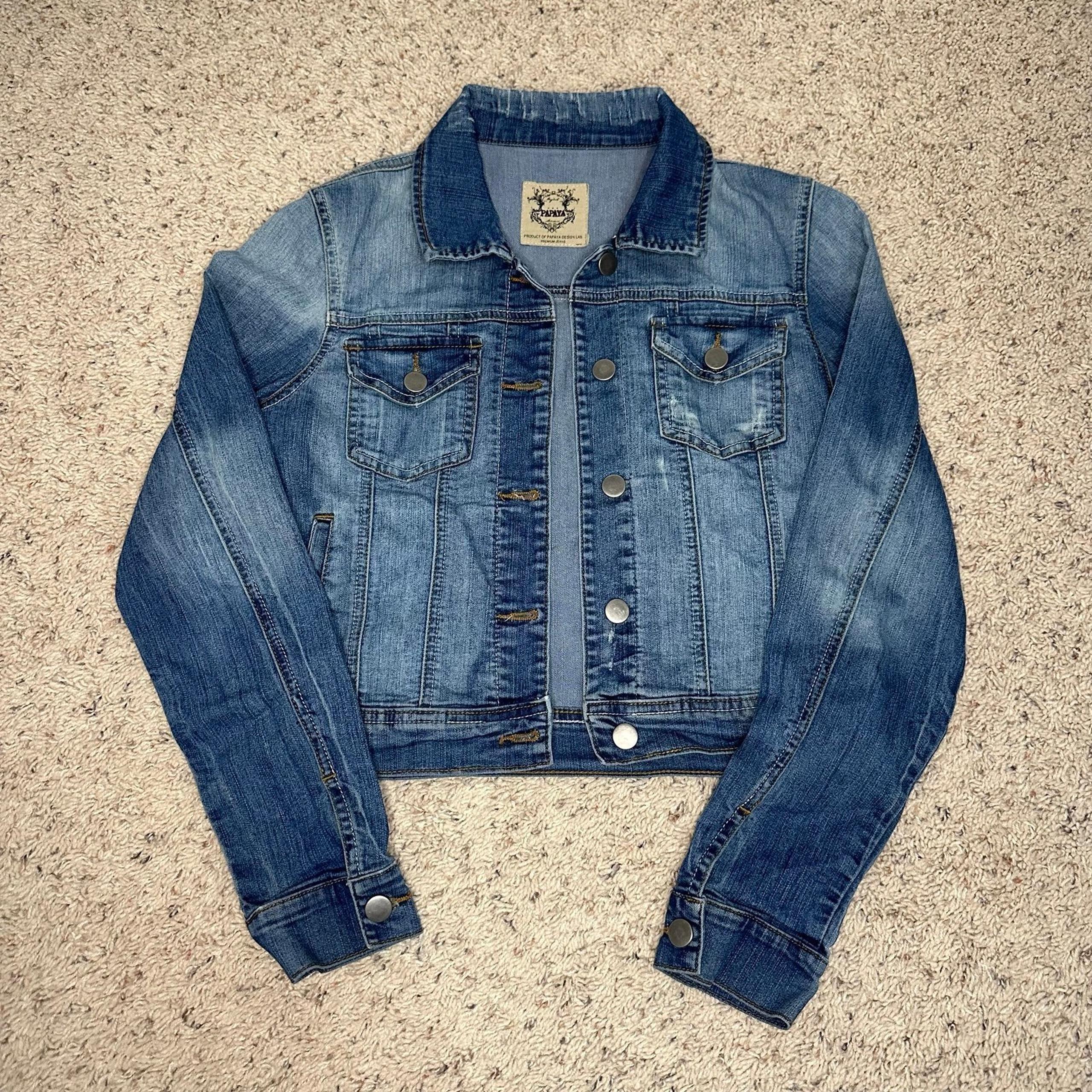 Papaya distressed button front denim jacket