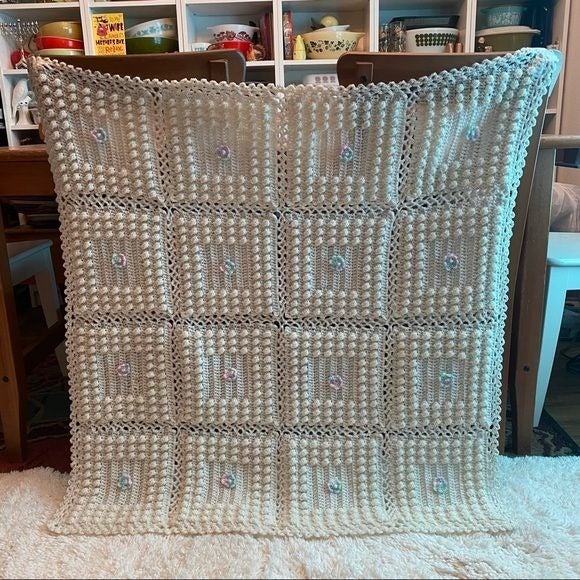 Baby vintage retro crochet blanket cream textured pastel accent lap christening