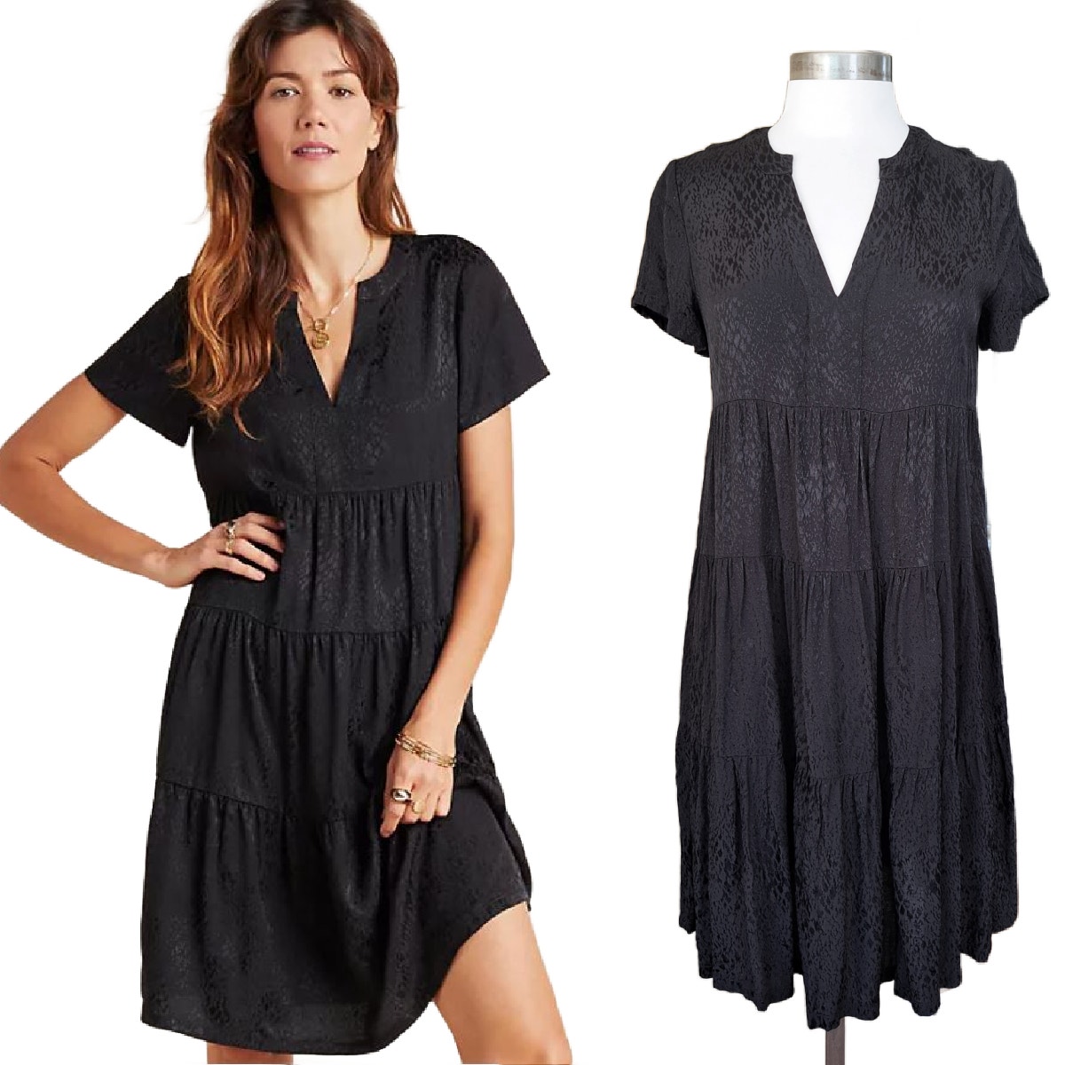Anthropologie Maeve Black Sacha Jacquard Tiered Tunic Dress Size