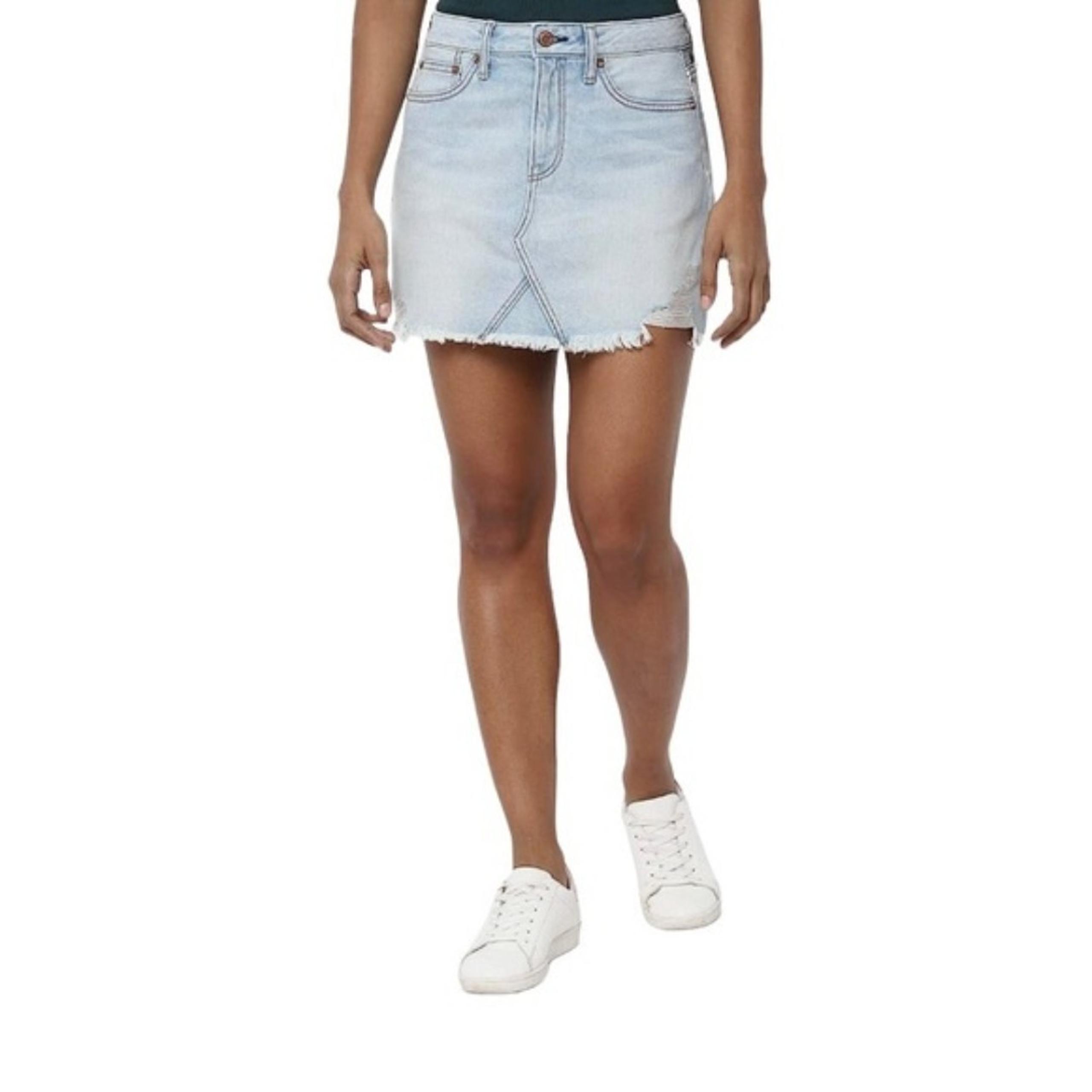 American Eagle Light Wash Distressed Frayed Hem Denim A-Line Mini Skirt