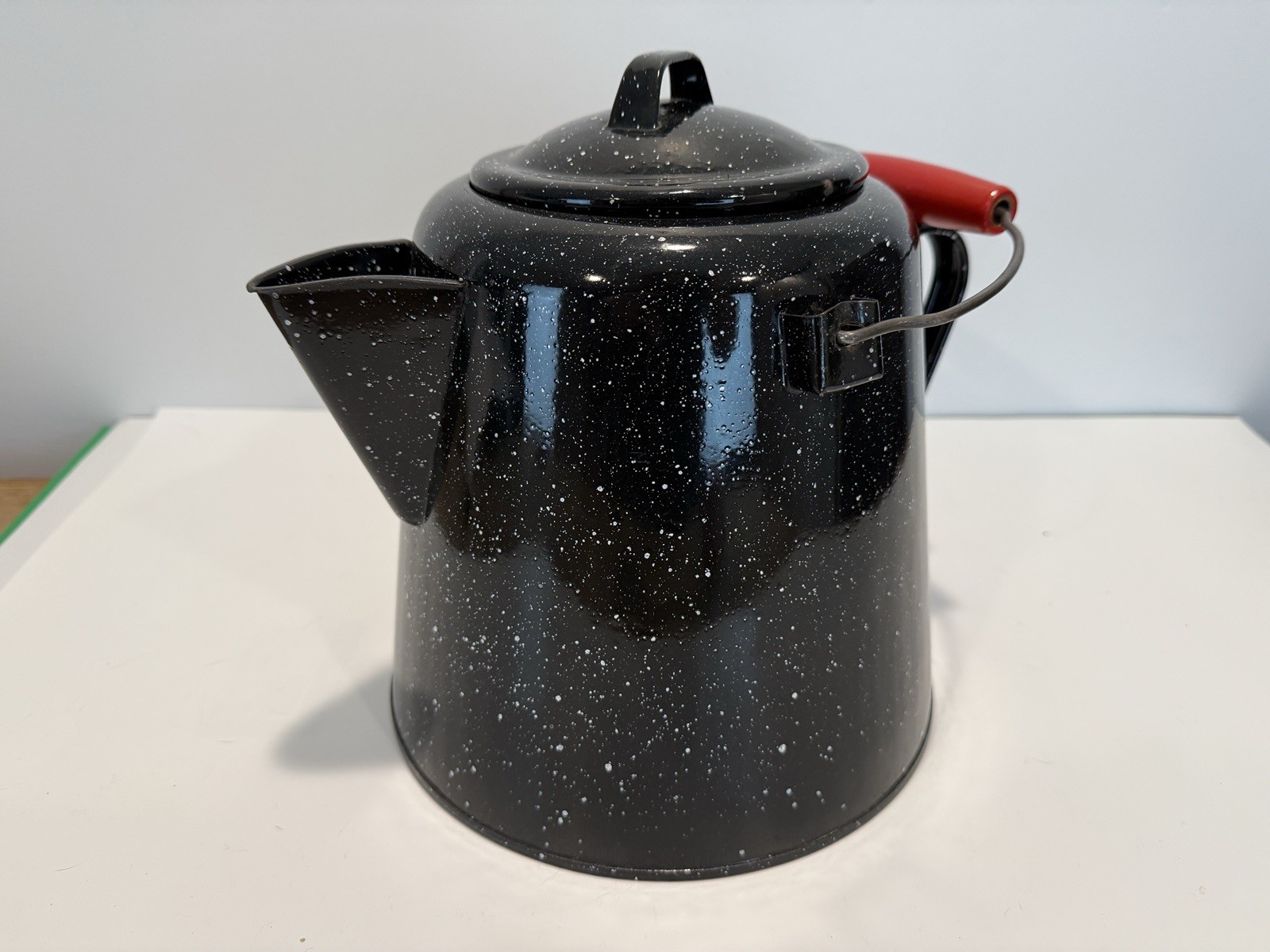 Large Vintage Enamelware Black-White Speckled Cowboy Coffee Kettle Pot