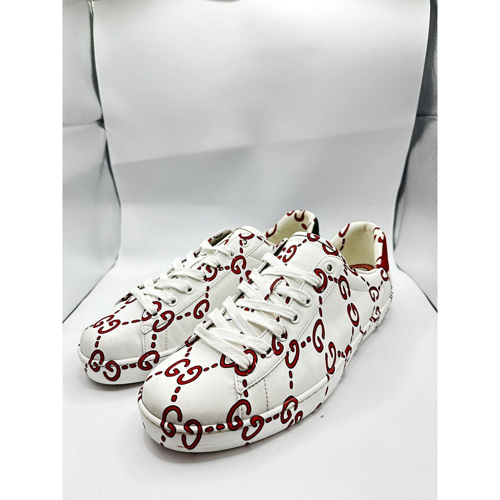 Gucci Ace GG Print Motif White Leather Low Top Men’s Sneakers 497094 Size 7
