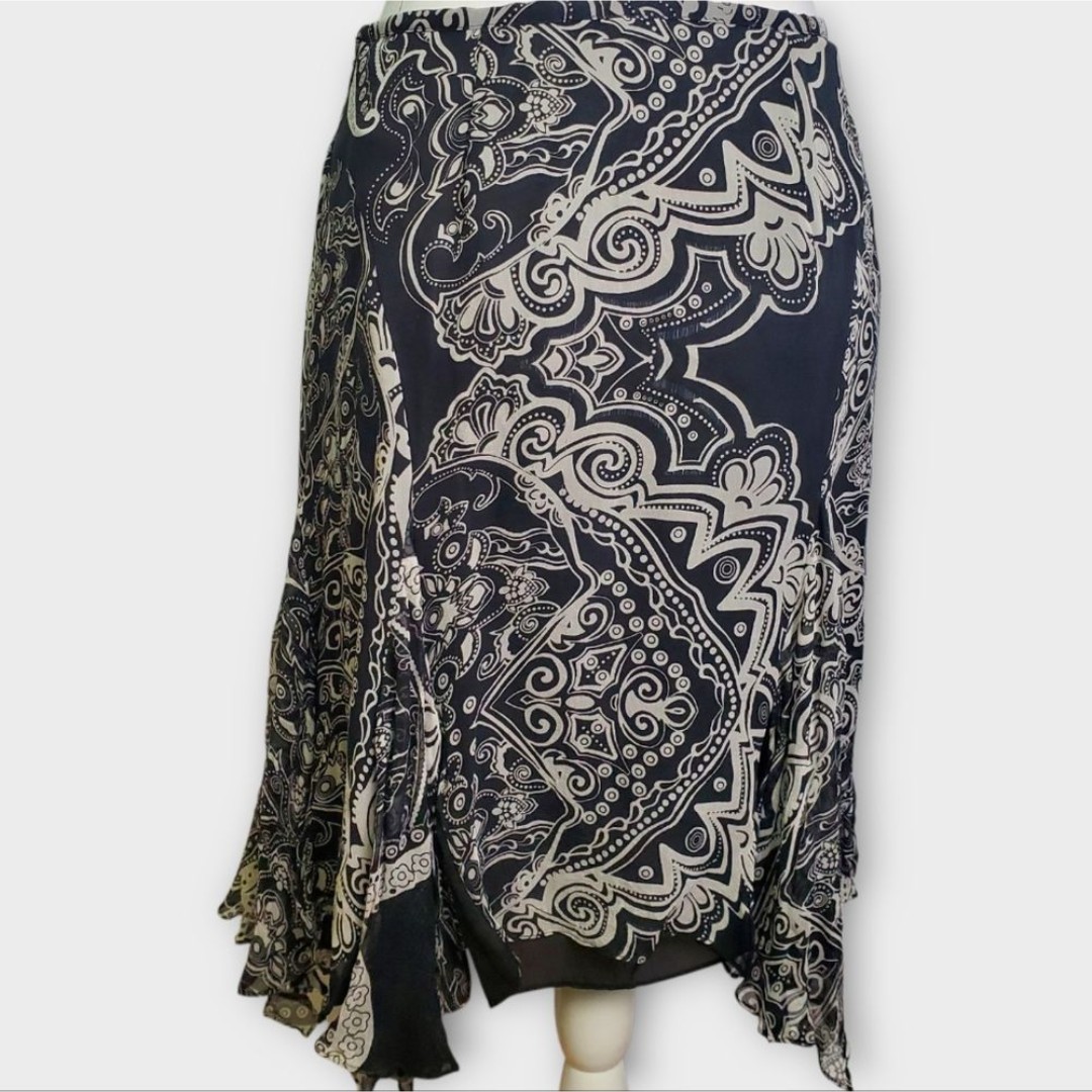Vintage Y2K I.C.E. Silk Handkerchief Hem Skirt Black White Paisley Size 6