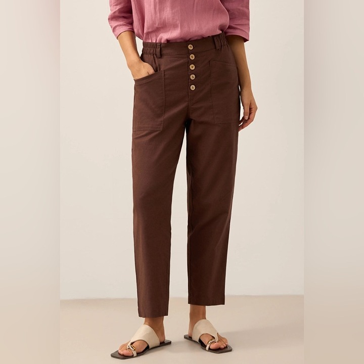 NWT Lintico Women’s Heidi Button Fly Linen Trousers in Brown Size M