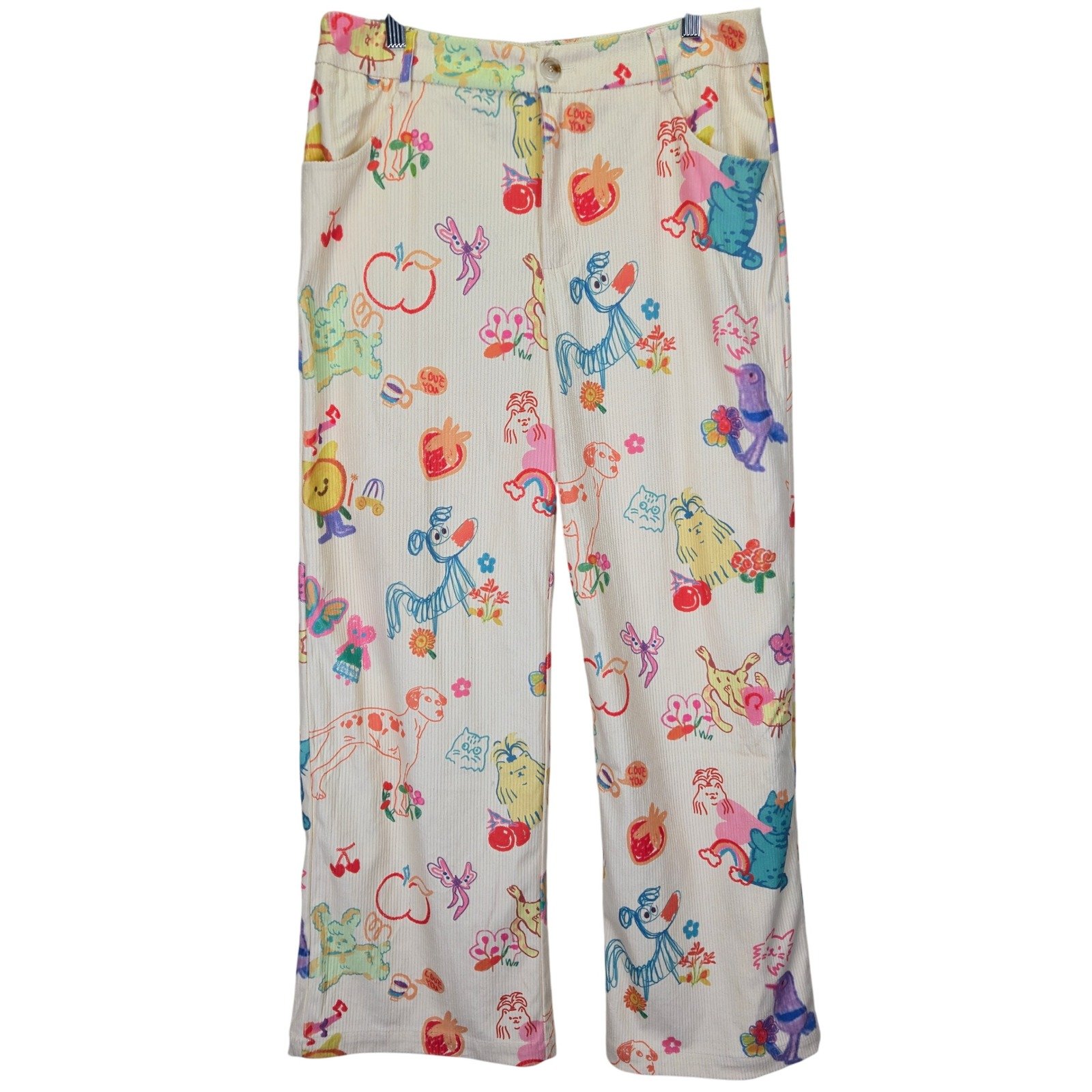 NWT Cider Corduroy Mid Rise Wide Leg Pants Large Fruit Animal Artsy Novelty