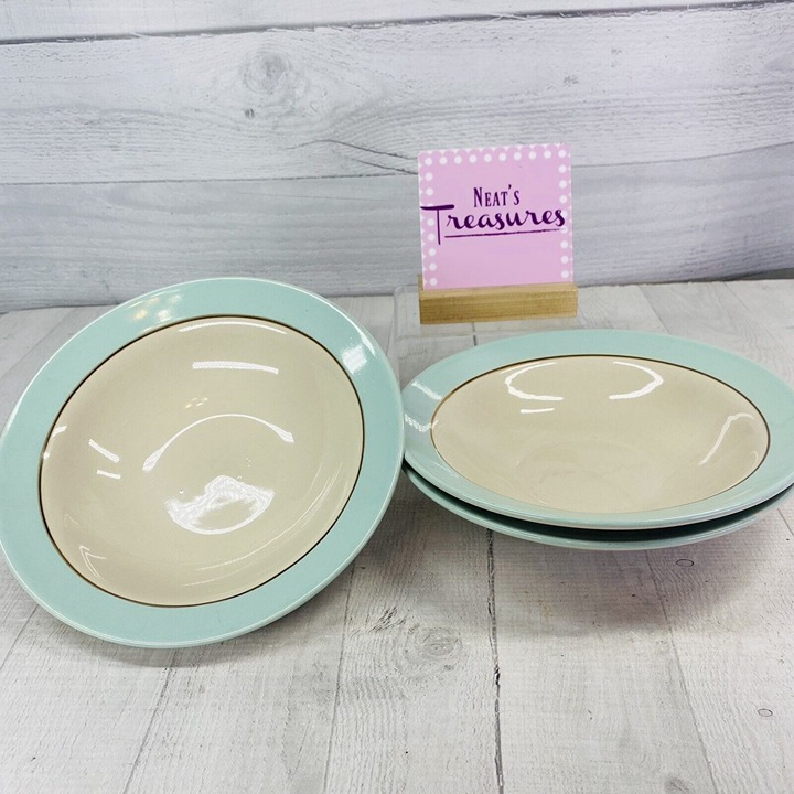 Royal Norfolk Turquoise Brown Band White Stoneware Rim Soup Cereal Bowls Set 3