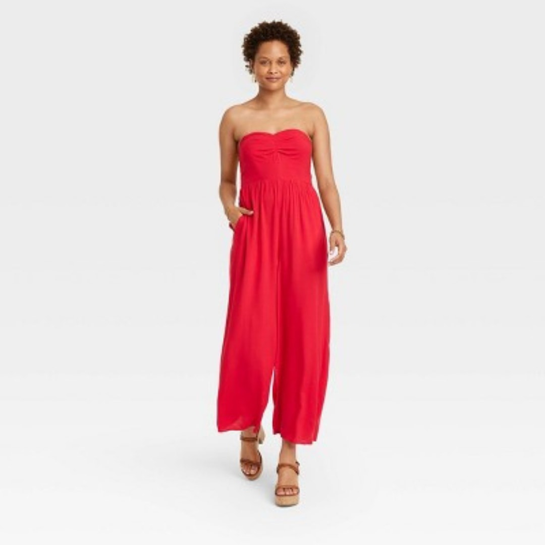 Knox Rose NWT Women's L Coral Red Ruched Front Smocked Back Sleeveless Jumpsuit