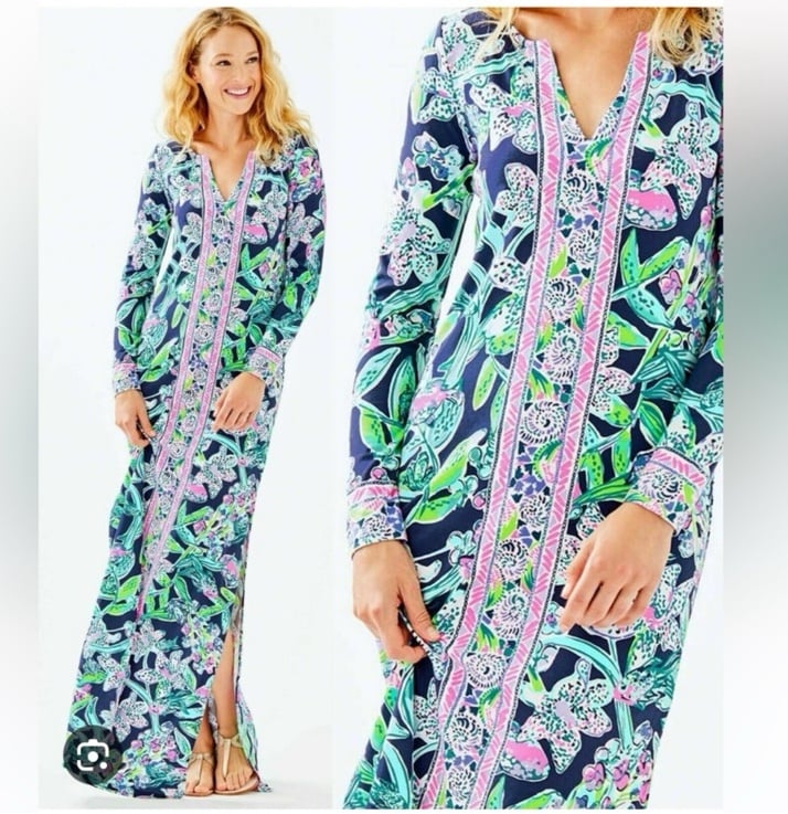 Lilly Pulitzer FAYE Bright Navy Sway This Way UPF 50+ Long Sleeve Maxi Dress XS
