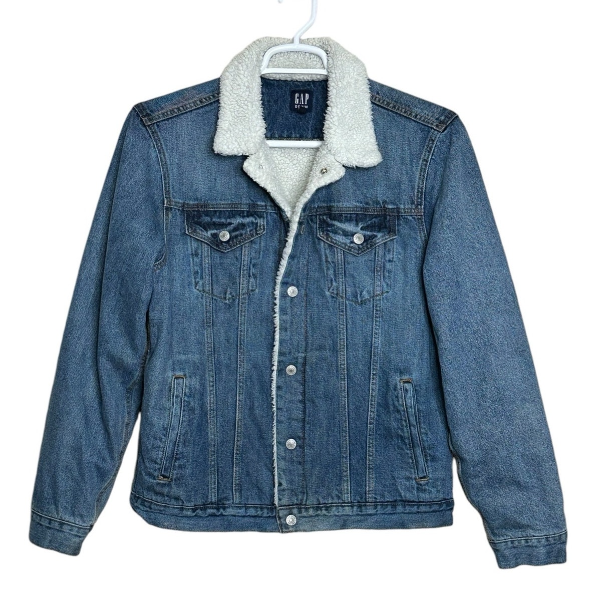 Gap blue denim sherpa snap buttoned jacket size Large