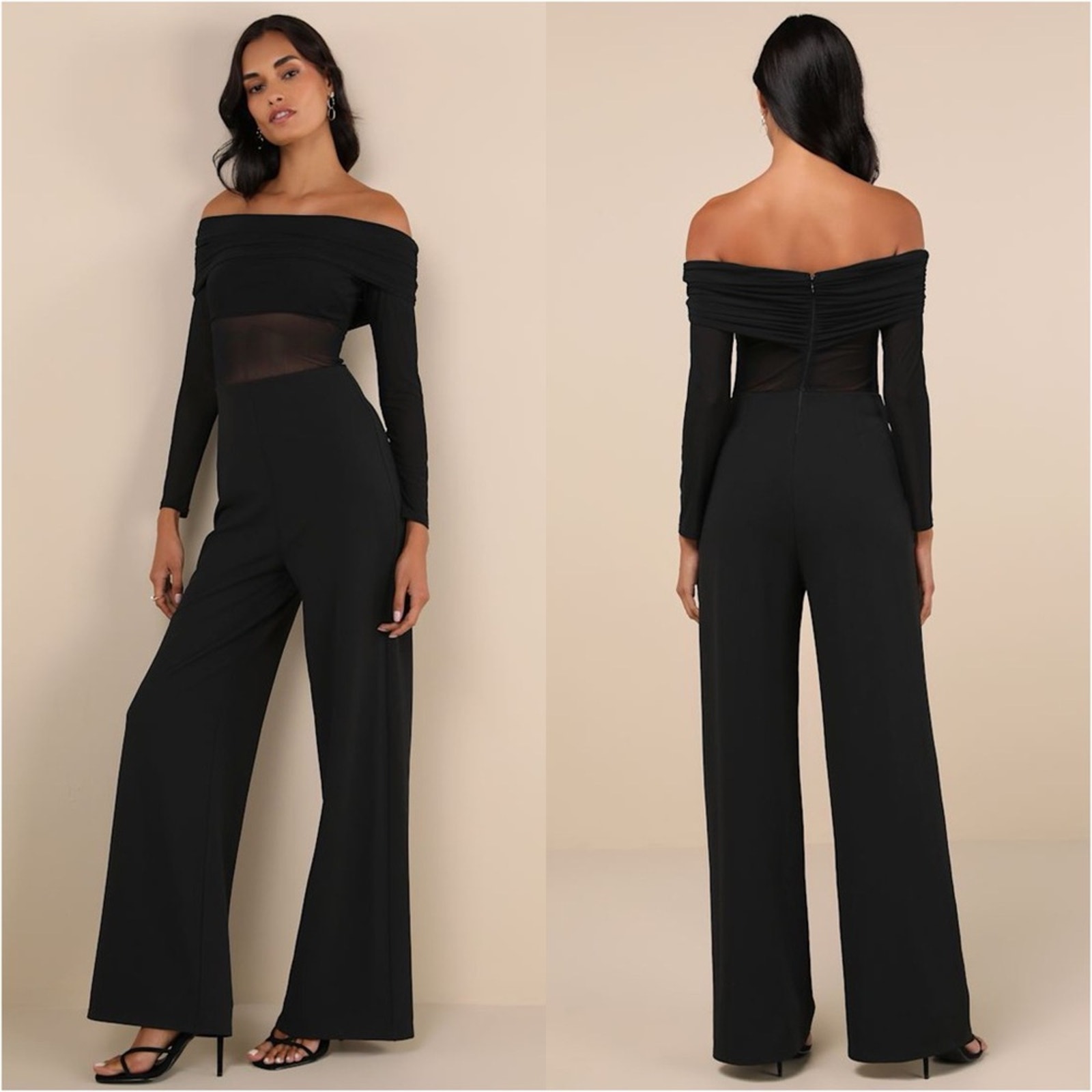 LULU’S Sultry Statement Black Mesh Ruched Off The Shoulder Jumpsuit