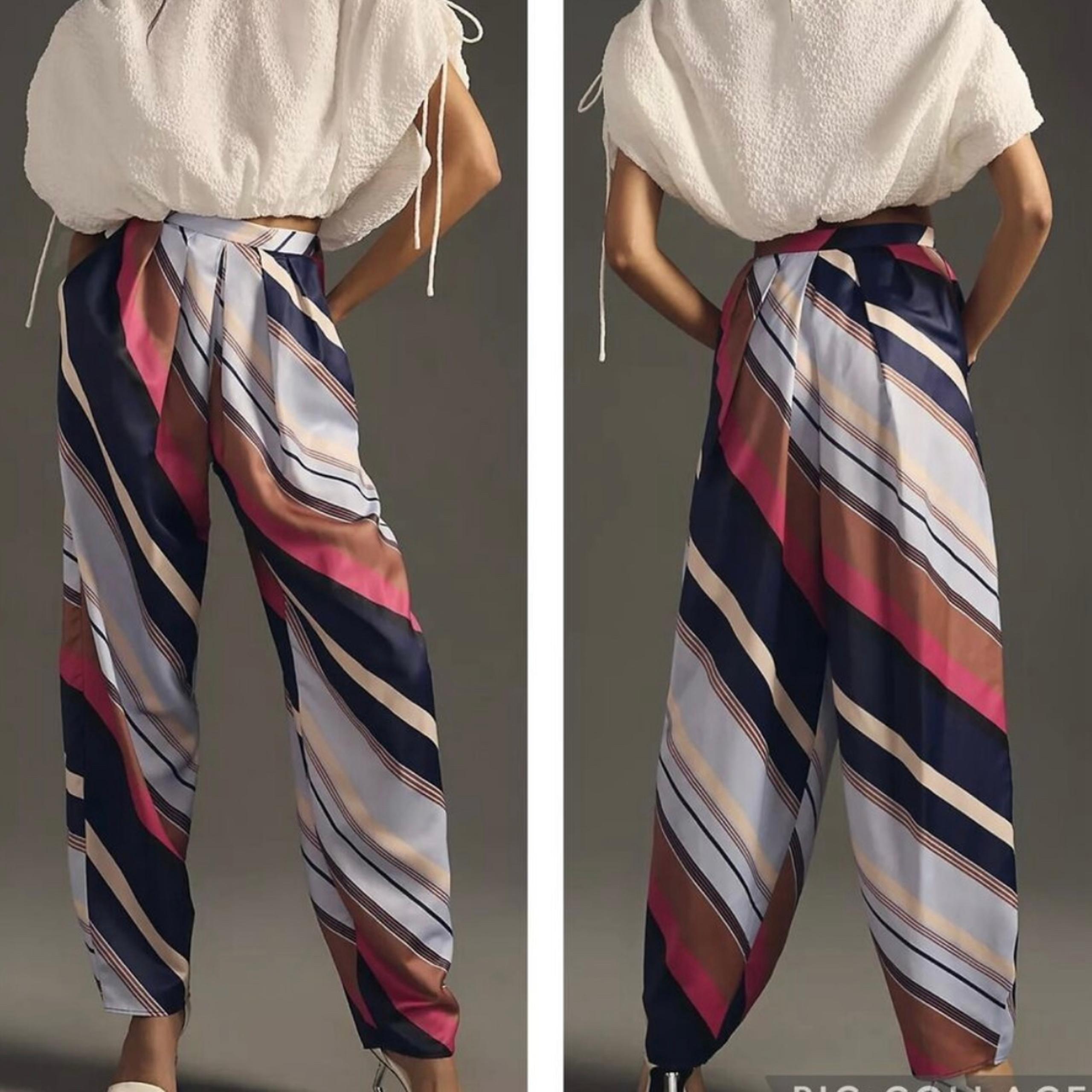 Maeve Anthropologie Blue Satin Striped Balloon Pants 4