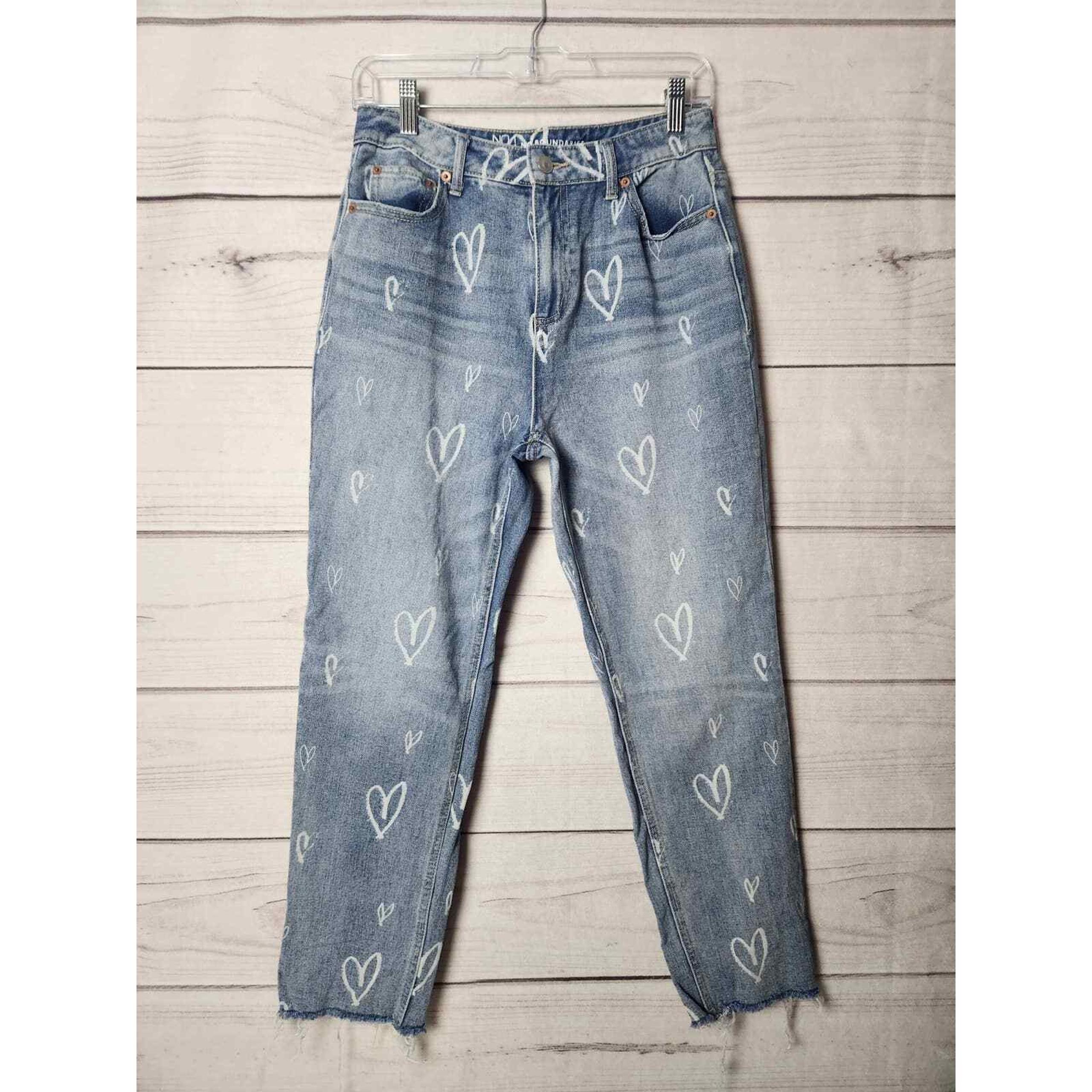 No Boundaries High Rise Slim Straight Cropped Jeans Heart Print Denim Blue 5