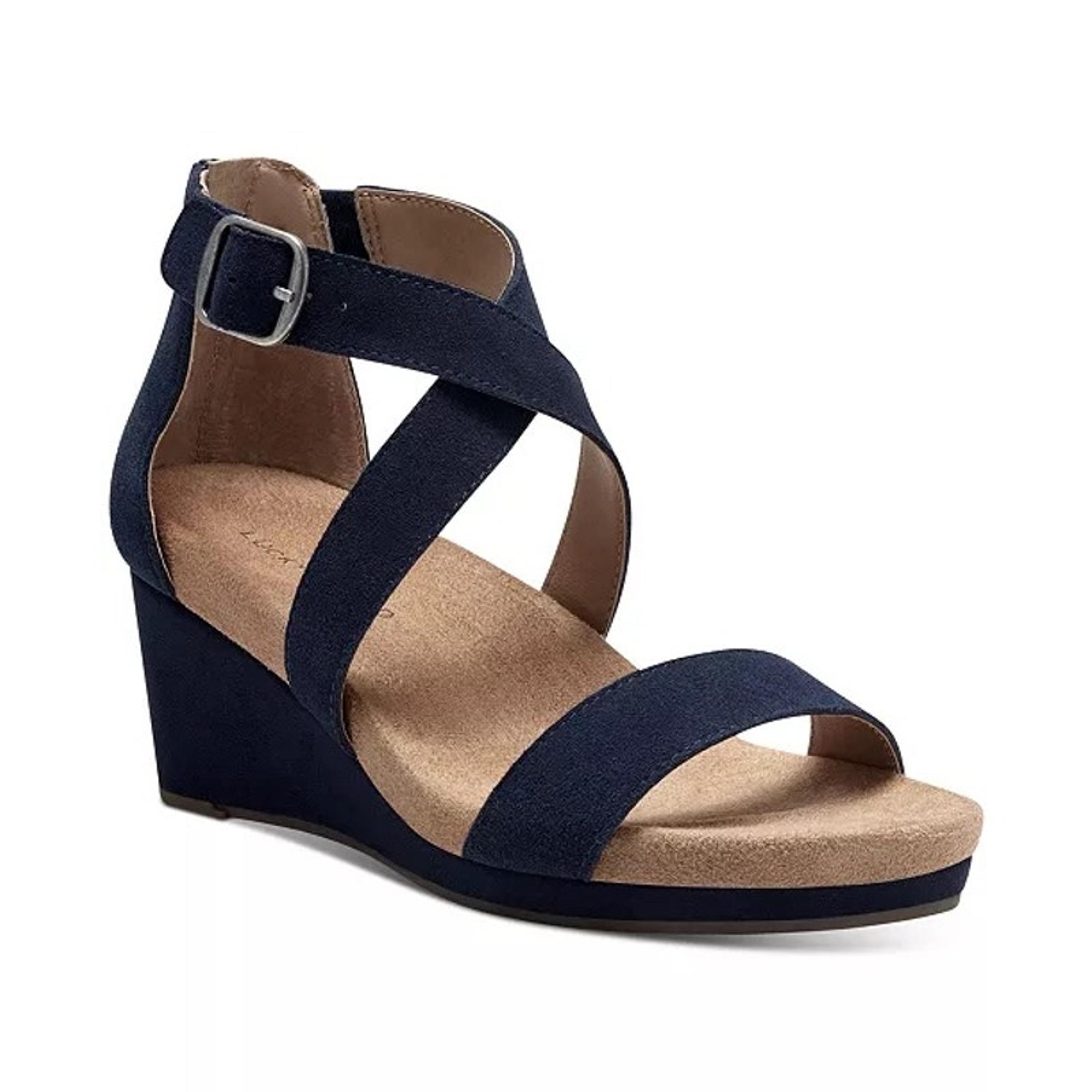 Lucky Brand Women's navy blue Kenadee Wedge open toe leather Sandal Size 9