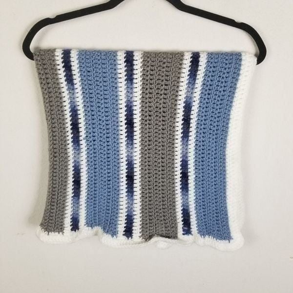 Handmade Crochet Blue, Gray and White Baby Blanket