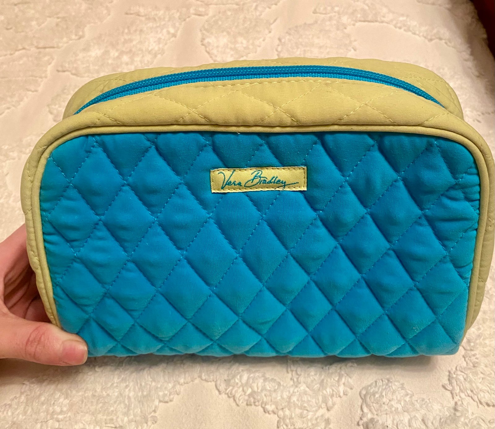 Vera Bradley Teal Blue & Key Lime Small Quilted Zip Cosmetic Bag NWOT