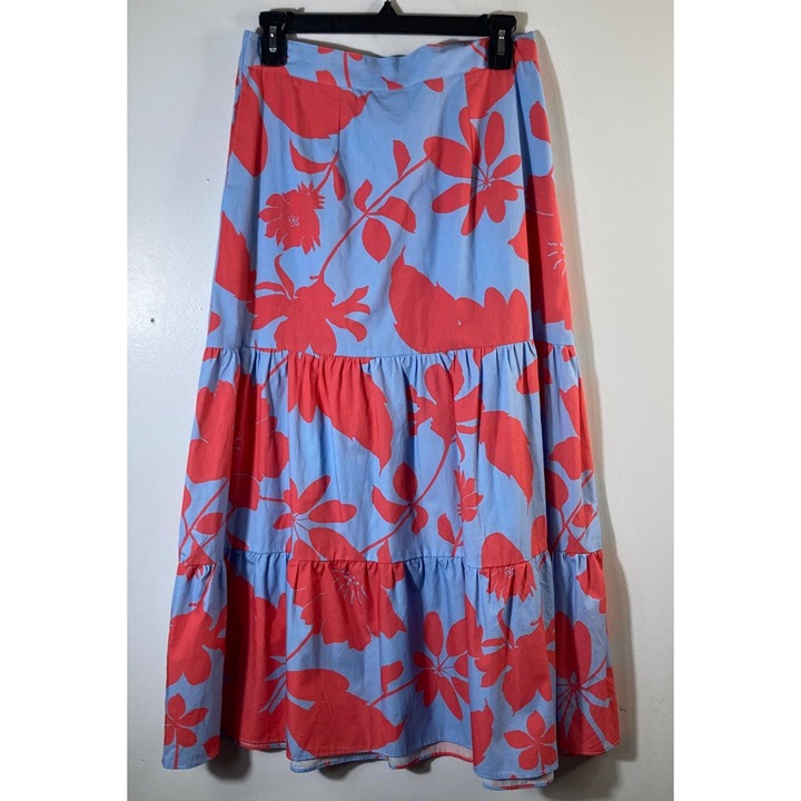 Womens Maude Vivante Ada Tropical Floral Tiered Midi Skirt Blue Coral Red S Pock