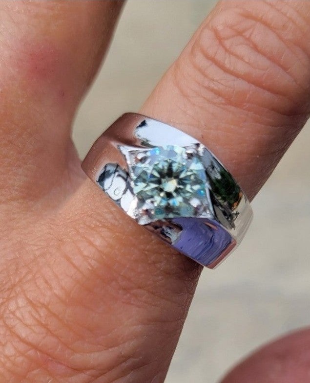 2.05 ct VVS1 Blue White Moissanite Diamond Ring .925 Silver Mens Ring Size 9