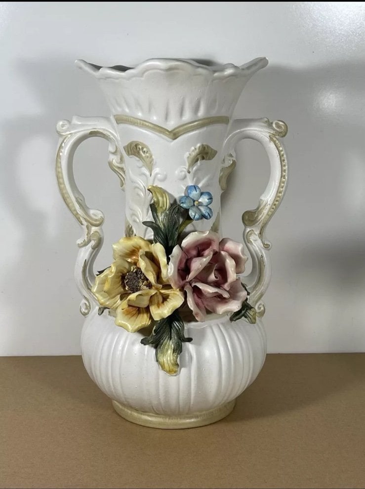 Beautiful Vtg Capodimonte Floral Vase 12 Double Handle Hand Painted Italy B50
